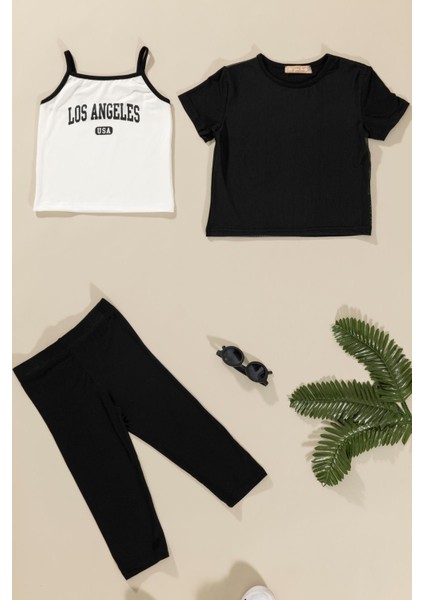 3'lü Los Angeles Baskılı Tshirt Atlet Tayt Siyah Takım modelleri