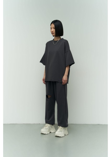 Antrasit Oversize T-Shirt Yırtıklı Eşofman Takım