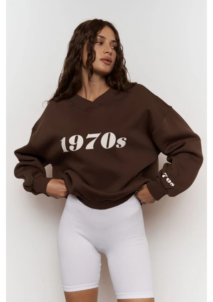 1970S Kahverengi Oversize Unisex Sweatshirt