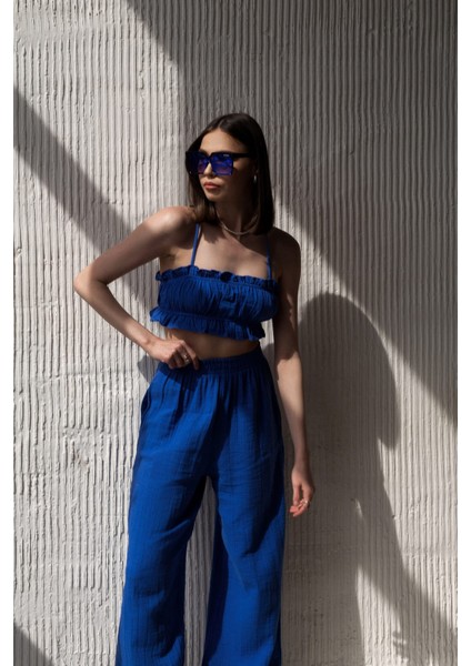 Harvey Saks Mavi Müslin Crop Takım