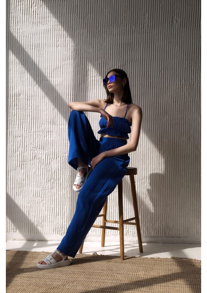 Harvey Saks Mavi Müslin Crop Takım