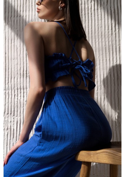 Harvey Saks Mavi Müslin Crop Takım