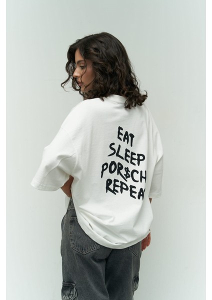 Collection Eat Sleep Beyaz Oversize T-Shirt