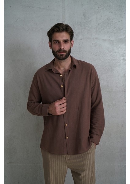 Wesley Erkek Oversize Krinkıl Kahve Gömlek