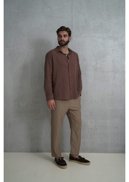 Wesley Erkek Oversize Krinkıl Kahve Gömlek