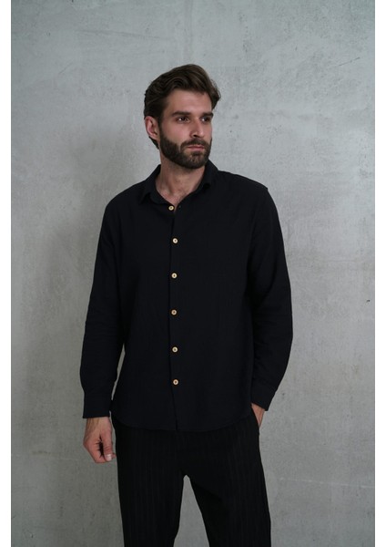 Wesley Erkek Oversize Krinkıl Siyah Gömlek