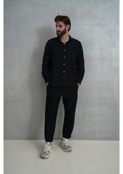Wesley Erkek Oversize Krinkıl Siyah Gömlek