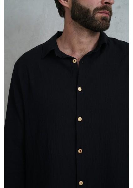 Wesley Erkek Oversize Krinkıl Siyah Gömlek