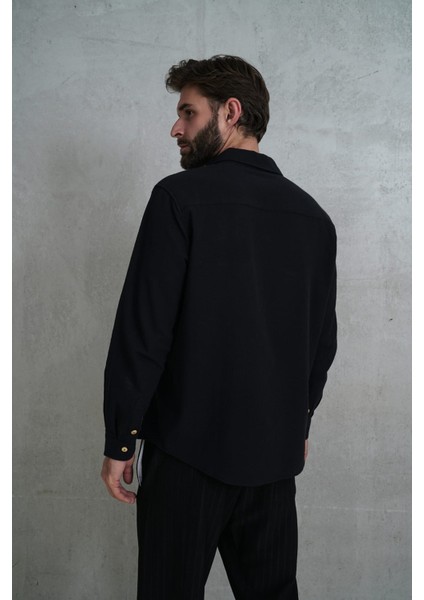 Wesley Erkek Oversize Krinkıl Siyah Gömlek
