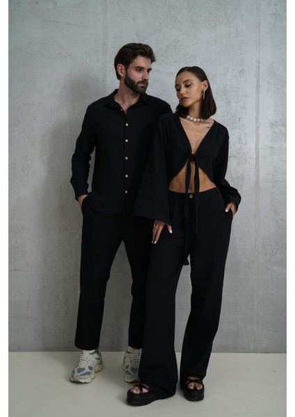 Wesley Erkek Oversize Krinkıl Siyah Gömlek