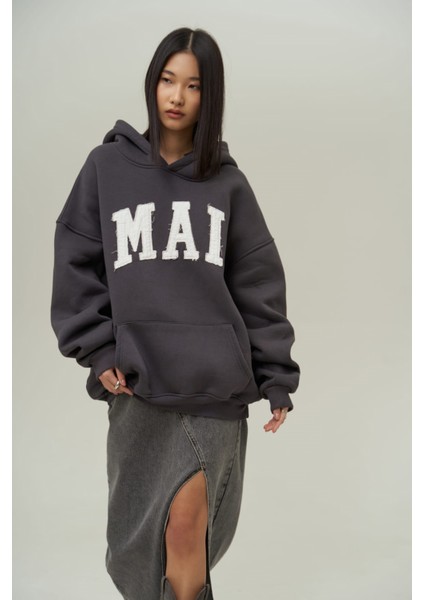 Collection Malvo Mai Nakış Antrasit Hoodie Sweatshirt