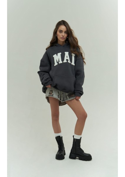 Collection Malvo Mai Nakış Antrasit Hoodie Sweatshirt