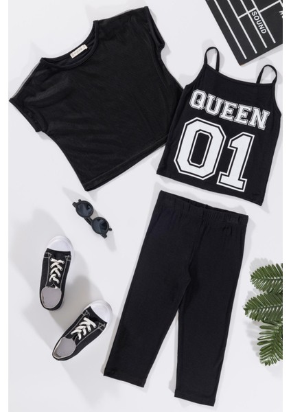 3'lü Queen Baskılı Tshirt Atlet Tayt Siyah Takım