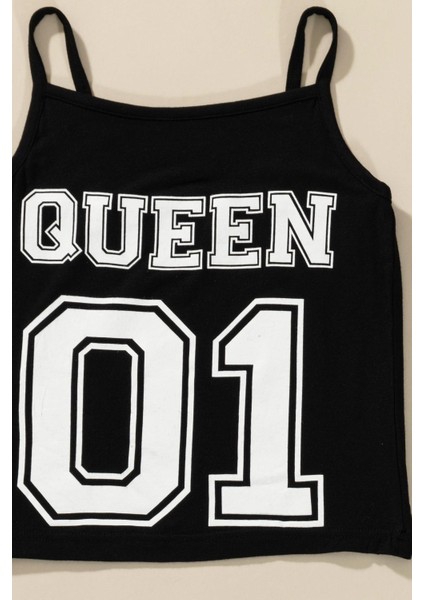 3'lü Queen Baskılı Tshirt Atlet Tayt Siyah Takım