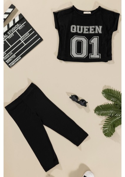 3'lü Queen Baskılı Tshirt Atlet Tayt Siyah Takım