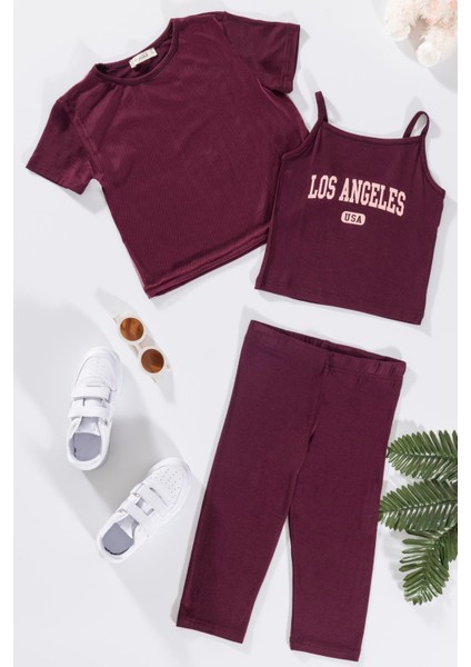 3'lü Los Angeles Baskılı Tshirt Atlet Tayt Bordo Takım