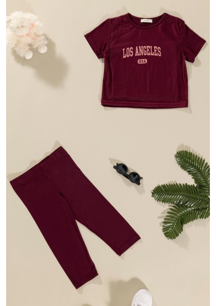 3'lü Los Angeles Baskılı Tshirt Atlet Tayt Bordo Takım fiyatları