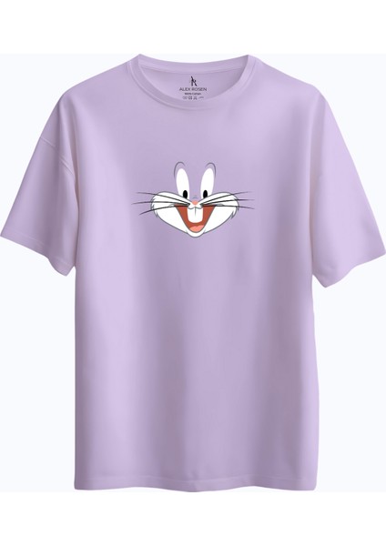 Oversize Bisiklet Yaka Bugs Bunny Baskılı Kısa Kollu Mor T-Shirt