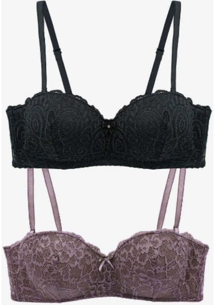 2'li Ekonomik Paket 6800 Ales Bütün Kap Dolgusuz Dantelli Straplez Sütyen Set