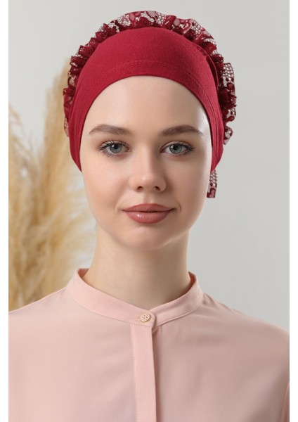 Tesettür Fırfırlı Bone Bordo