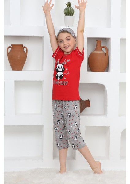 Kapi Kids Kız Çocuk Uyku Bantlı-Kaprili-Panda Baskılı Pijama Takımı 3-15 Yaş 6112-14