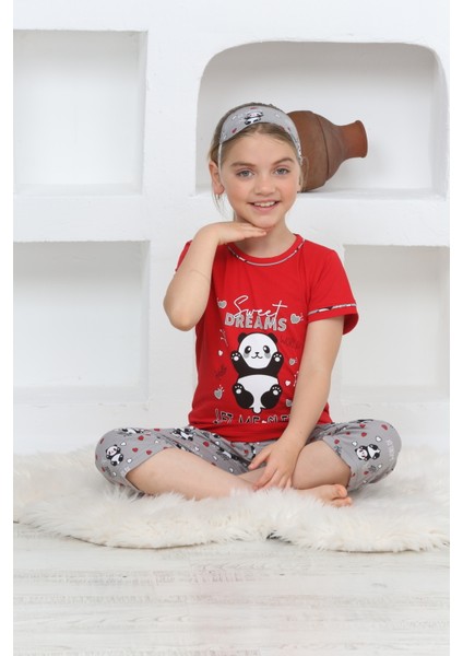 Kapi Kids Kız Çocuk Uyku Bantlı-Kaprili-Panda Baskılı Pijama Takımı 3-15 Yaş 6112-14