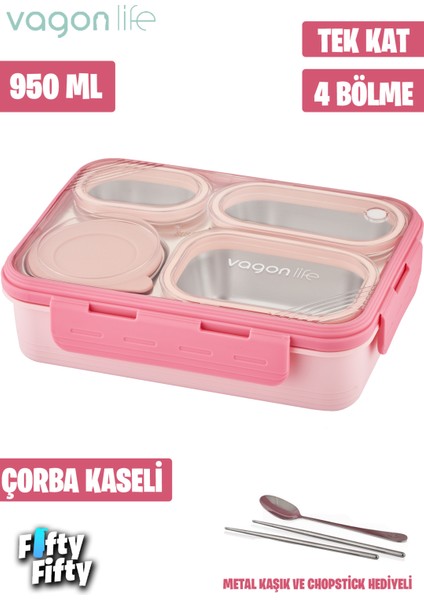 Lunch Box 950 ml Paslanmaz Çelik Tek Kat Dört Bölmeli Çorba Kaseli Metal KAŞIKLI-FFLBOX7099