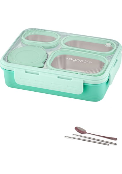 Lunch Box 950 ml Paslanmaz Çelik Tek Kat Dört Bölmeli Çorba Kaseli Metal KAŞIKLI-FFLBOX7099