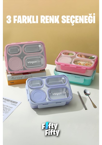 Lunch Box 950 ml Paslanmaz Çelik Tek Kat Dört Bölmeli Çorba Kaseli Metal KAŞIKLI-FFLBOX7099