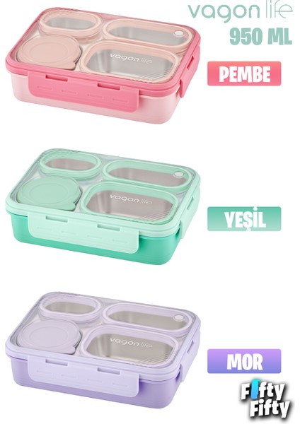 Lunch Box 950 ml Paslanmaz Çelik Tek Kat Dört Bölmeli Çorba Kaseli Metal KAŞIKLI-FFLBOX7099