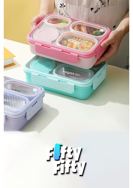 Lunch Box 950 ml Paslanmaz Çelik Tek Kat Dört Bölmeli Çorba Kaseli Metal KAŞIKLI-FFLBOX7099