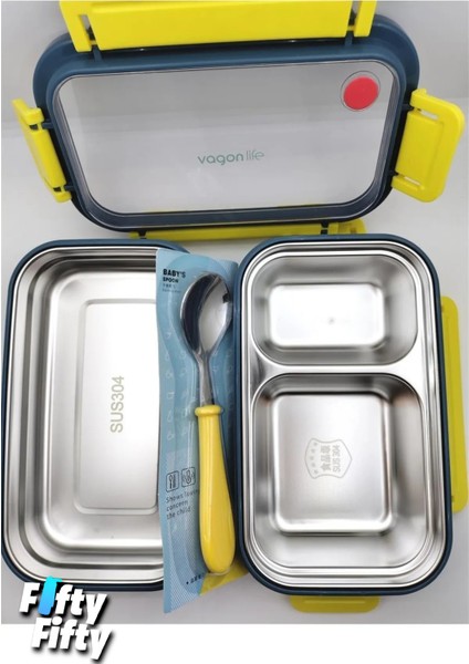 Lunch Box 1200 ml Iki Kat Üç Bölme Paslanmaz Çelik-Metal KAŞIKLI-FFLBOX2215