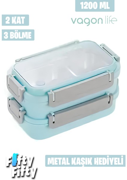 Lunch Box 1200 ml Iki Kat Üç Bölme Paslanmaz Çelik-Metal KAŞIKLI-FFLBOX2215