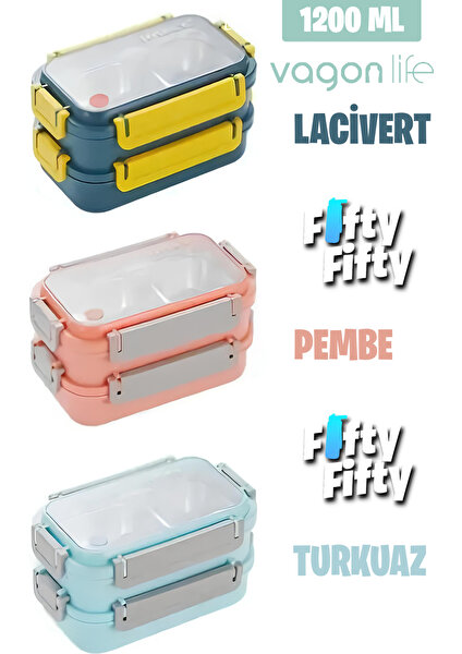 Lunch Box 1200 ml Iki Kat Üç Bölme Paslanmaz Çelik-Metal KAŞIKLI-FFLBOX2215