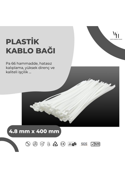 WH White Horizon Trade 4,8 x 400 mm 100 Adet Kelepçe / Cırt Plastik Kablo Bağı