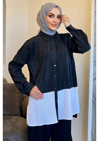 Siyah Renk Garnili Yan Yırtmaçlı Pileli Tesettür Gömlek Tunik P-00010897