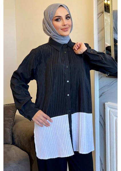 Siyah Renk Garnili Yan Yırtmaçlı Pileli Tesettür Gömlek Tunik P-00010897 fiyatları