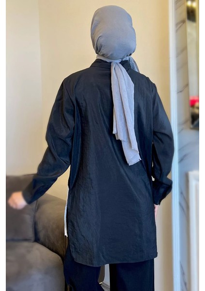 Siyah Renk Garnili Yan Yırtmaçlı Pileli Tesettür Gömlek Tunik P-00010897 modelleri