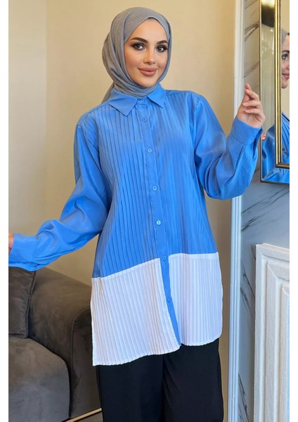 Mavi Renk Garnili Yan Yırtmaçlı Pileli Tesettür Gömlek Tunik P-00010897