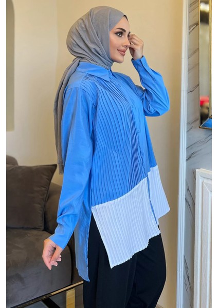 Mavi Renk Garnili Yan Yırtmaçlı Pileli Tesettür Gömlek Tunik P-00010897 fiyatları
