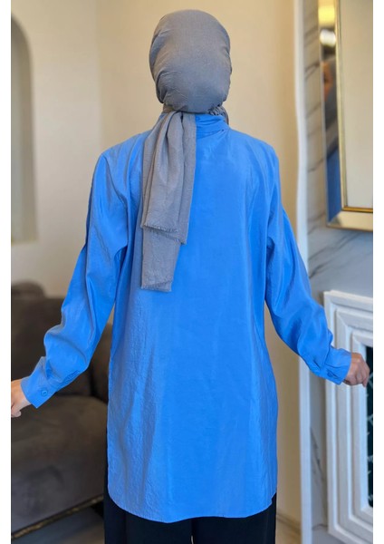 Mavi Renk Garnili Yan Yırtmaçlı Pileli Tesettür Gömlek Tunik P-00010897 modelleri