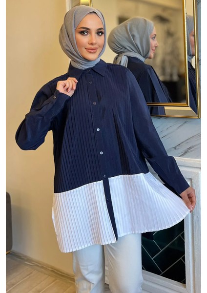 Lacivert Renk Garnili Yan Yırtmaçlı Pileli Tesettür Gömlek Tunik P-00010897