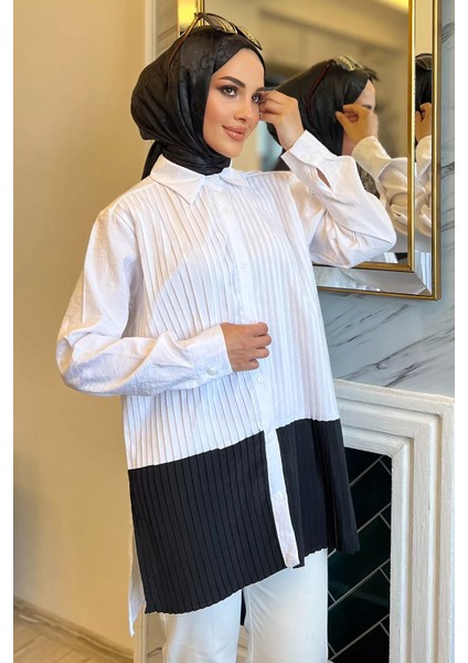 Beyaz Renk Garnili Yan Yırtmaçlı Pileli Tesettür Gömlek Tunik P-00010897
