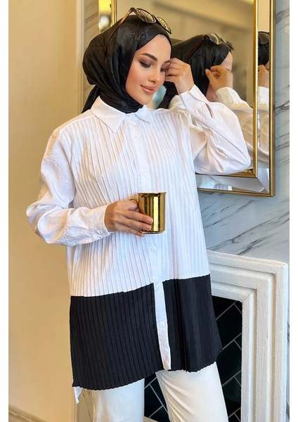 Beyaz Renk Garnili Yan Yırtmaçlı Pileli Tesettür Gömlek Tunik P-00010897 fiyatları