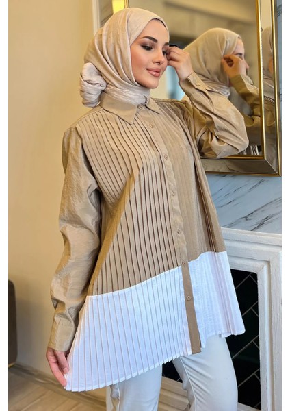 Bej Renk Garnili Yan Yırtmaçlı Pileli Tesettür Gömlek Tunik P-00010897