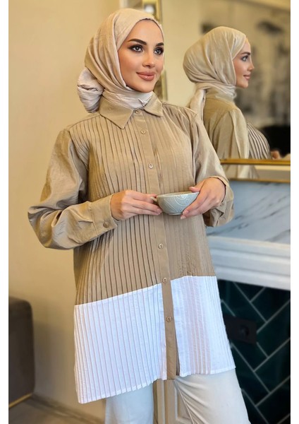 Bej Renk Garnili Yan Yırtmaçlı Pileli Tesettür Gömlek Tunik P-00010897