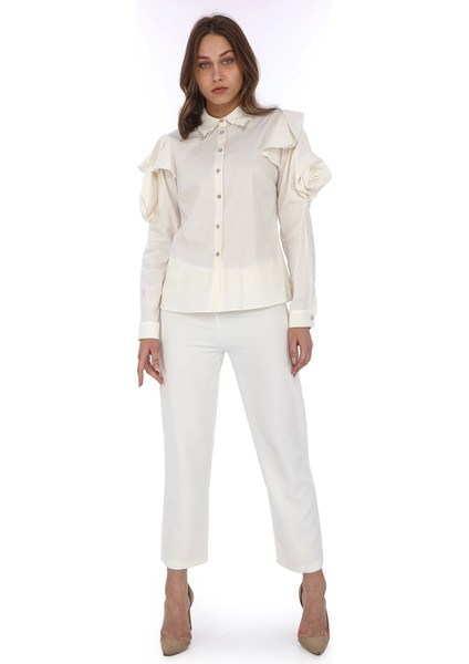 Yaka Boncuk ve Kol Detaylı Bluz 4708-EKRU