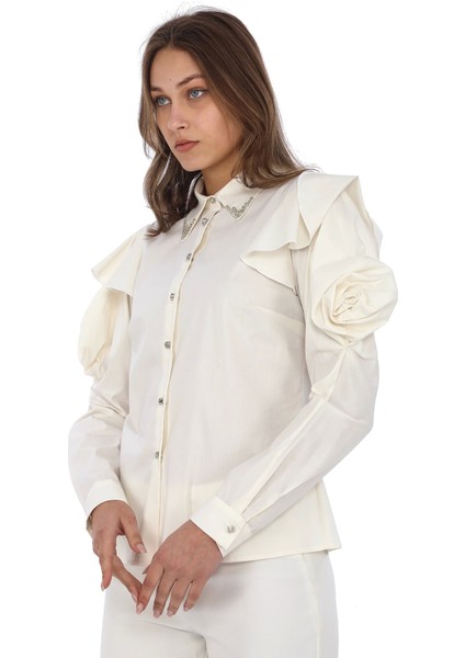 Yaka Boncuk ve Kol Detaylı Bluz 4708-EKRU fiyatları