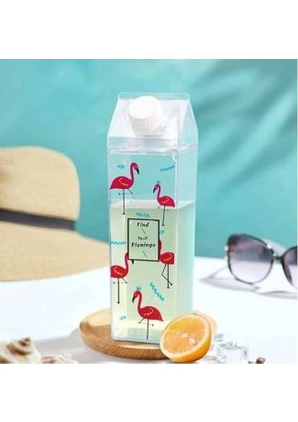 Flamingo 500ML Mika Süt Kutu Tasarımlı Su Kahve Içecek Şişesi Cam Değildir Kahve ve Sunum Bardağı