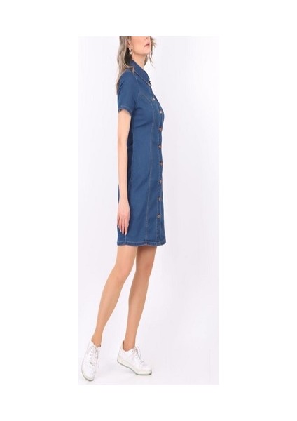 Mavi Kısa Kol Önden Düğmeli Est 1969 Denim Kot Elbise modelleri